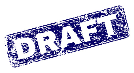 DRAFT stamp seal print with distress texture. Seal shape is a rounded rectangle with frame. Blue vector rubber print of DRAFT caption with dirty texture.のイラスト素材