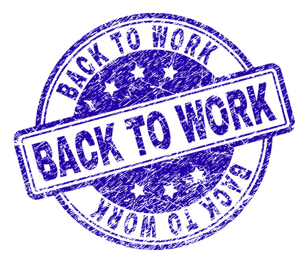 BACK TO WORK stamp seal watermark with distress texture. Designed with rounded rectangles and circles. Blue vector rubber print of BACK TO WORK title with grunge texture.のイラスト素材