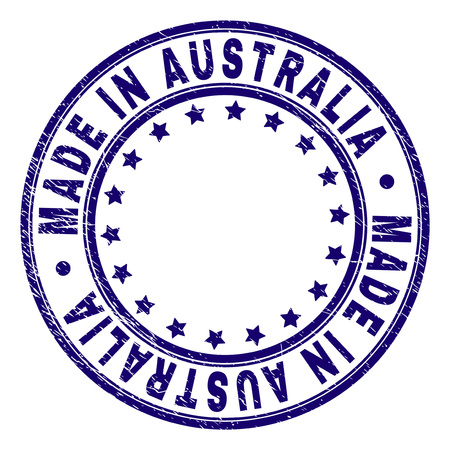 MADE IN AUSTRALIA stamp seal imprint with distress texture. Designed with circles and stars. Blue vector rubber print of MADE IN AUSTRALIA title with dirty texture.のイラスト素材