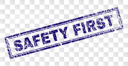 SAFETY FIRST stamp seal watermark with rubber print style and double framed rectangle shape. Stamp is placed on a transparent background.のイラスト素材