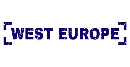 WEST EUROPE text seal print with distress texture. Text title is placed inside corners. Blue vector rubber print of WEST EUROPE with unclean texture.のイラスト素材