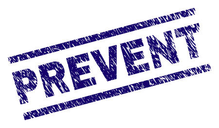 PREVENT seal print with scratced style. Blue vector rubber print of PREVENT caption with dirty texture. Text caption is placed between parallel lines.のイラスト素材
