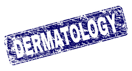 DERMATOLOGY stamp seal watermark with grunge style. Seal shape is a rounded rectangle with frame. Blue vector rubber print of DERMATOLOGY label with grunge style.のイラスト素材