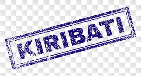 KIRIBATI stamp seal imprint with rubber print style and double framed rectangle shape. Stamp is placed on a transparent background. Blue vector rubber print of KIRIBATI label with scratched texture.のイラスト素材