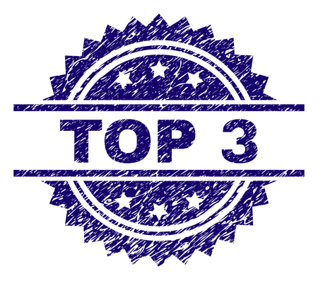 TOP 3 stamp seal watermark with distress style. Blue vector rubber print of TOP 3 text with retro texture.のイラスト素材