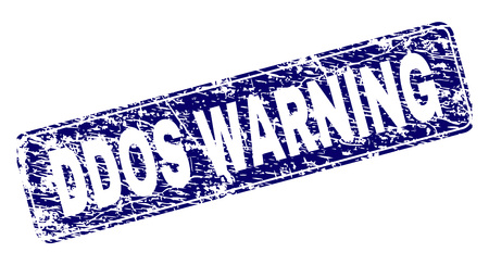 DDOS WARNING stamp seal imprint with grunge texture. Seal shape is a rounded rectangle with frame. Blue vector rubber print of DDOS WARNING caption with grunge texture.のイラスト素材