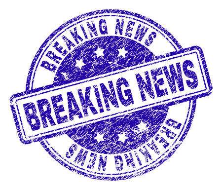 BREAKING NEWS stamp seal imprint with grunge texture. Designed with rounded rectangles and circles. Blue vector rubber print of BREAKING NEWS label with dust texture.のイラスト素材