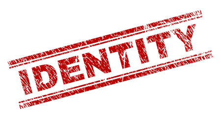 IDENTITY seal stamp with grunge texture. Red vector rubber print of IDENTITY tag with corroded texture. Text tag is placed between double parallel lines.のイラスト素材