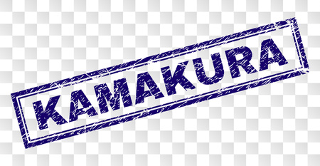 KAMAKURA stamp seal imprint with rubber print style and double framed rectangle shape. Stamp is placed on a transparent background. Blue vector rubber print of KAMAKURA text with grunge texture.のイラスト素材