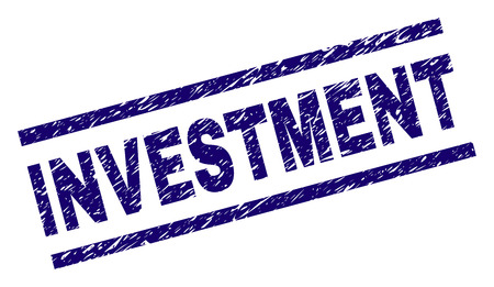 INVESTMENT seal stamp with grunge style. Blue vector rubber print of INVESTMENT text with scratched texture. Text caption is placed between parallel lines.のイラスト素材
