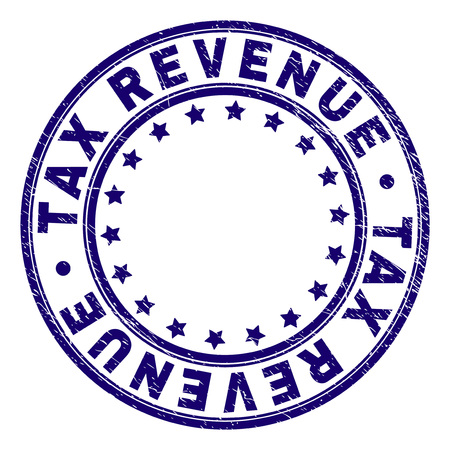 TAX REVENUE stamp seal watermark with distress texture. Designed with circles and stars. Blue vector rubber print of TAX REVENUE caption with grunge texture.のイラスト素材