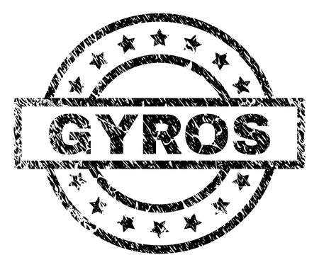 GYROS stamp seal watermark with distress style. Designed with rectangle, circles and stars. Black vector rubber print of GYROS text with corroded texture.のイラスト素材