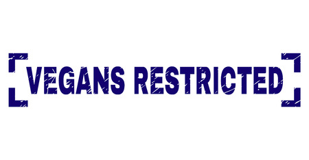 VEGANS RESTRICTED tag seal print with grunge texture. Text tag is placed between corners. Blue vector rubber print of VEGANS RESTRICTED with grunge texture.のイラスト素材