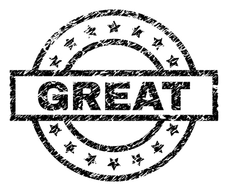GREAT stamp seal watermark with distress style. Designed with rectangle, circles and stars. Black vector rubber print of GREAT tag with scratched texture.のイラスト素材