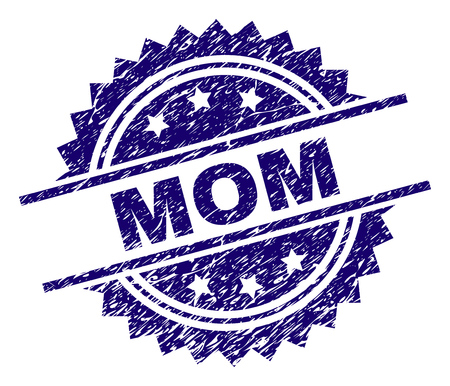 MOM stamp seal watermark with distress style. Blue vector rubber print of MOM text with dust texture.のイラスト素材