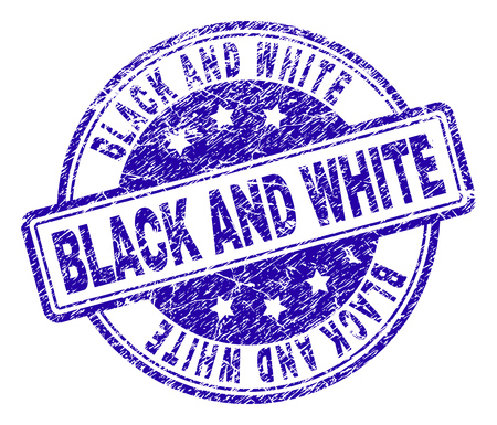 BLACK AND WHITE stamp seal watermark with grunge texture. Designed with rounded rectangles and circles. Blue vector rubber print of BLACK AND WHITE label with grunge texture.のイラスト素材