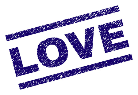 LOVE seal print with grunge style. Blue vector rubber print of LOVE title with retro texture. Text title is placed between parallel lines.のイラスト素材