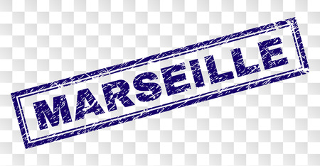 MARSEILLE stamp seal imprint with rubber print style and double framed rectangle shape. Stamp is placed on a transparent background. Blue vector rubber print of MARSEILLE text with dirty texture.のイラスト素材