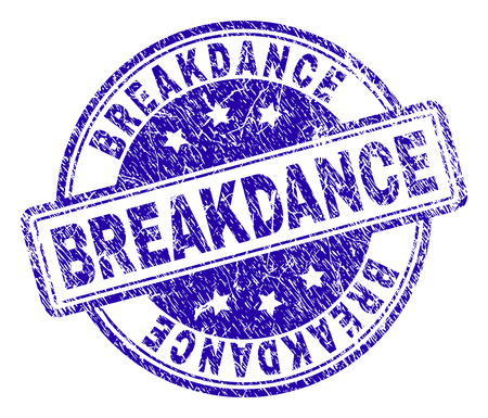 BREAKDANCE stamp seal imprint with grunge texture. Designed with rounded rectangles and circles. Blue vector rubber print of BREAKDANCE caption with unclean texture.のイラスト素材