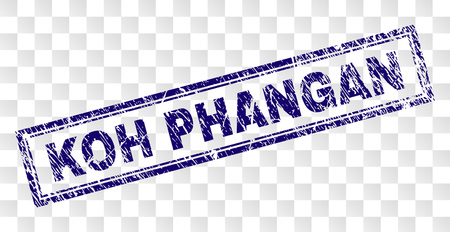 KOH PHANGAN stamp seal imprint with rubber print style and double framed rectangle shape. Stamp is placed on a transparent background. Blue vector rubber print of KOH PHANGAN title with dust texture.のイラスト素材
