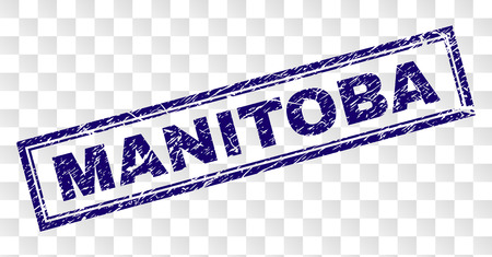 MANITOBA stamp seal watermark with rubber print style and double framed rectangle shape. Stamp is placed on a transparent background. Blue vector rubber print of MANITOBA label with grunge texture.のイラスト素材