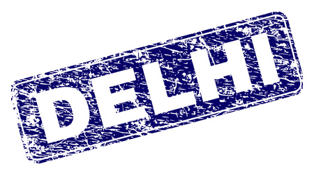 DELHI stamp seal imprint with distress style. Seal shape is a rounded rectangle with frame. Blue vector rubber print of DELHI title with unclean style.のイラスト素材