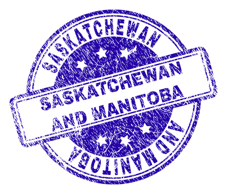 SASKATCHEWAN AND MANITOBA stamp seal watermark with grunge texture. Designed with rounded rectangles and circles. Blue vector rubber print of SASKATCHEWAN AND MANITOBA text with grunge texture.のイラスト素材