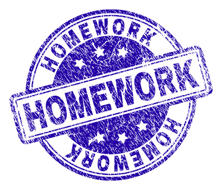 HOMEWORK stamp seal watermark with grunge texture. Designed with rounded rectangles and circles. Blue vector rubber print of HOMEWORK text with dirty texture.のイラスト素材