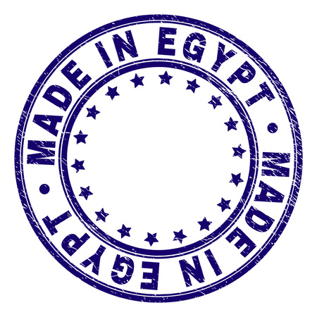 MADE IN EGYPT stamp seal imprint with distress texture. Designed with circles and stars. Blue vector rubber print of MADE IN EGYPT label with retro texture.のイラスト素材