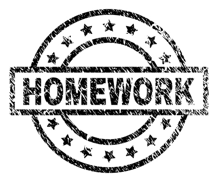 HOMEWORK stamp seal watermark with distress style. Designed with rectangle, circles and stars. Black vector rubber print of HOMEWORK tag with unclean texture.のイラスト素材