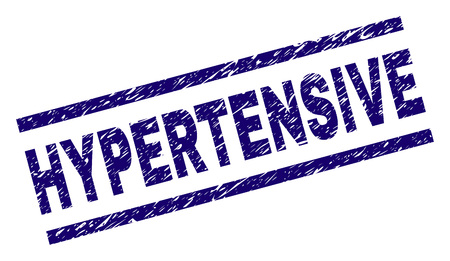 HYPERTENSIVE seal stamp with grunge style. Blue vector rubber print of HYPERTENSIVE text with grunge texture. Text caption is placed between parallel lines.のイラスト素材