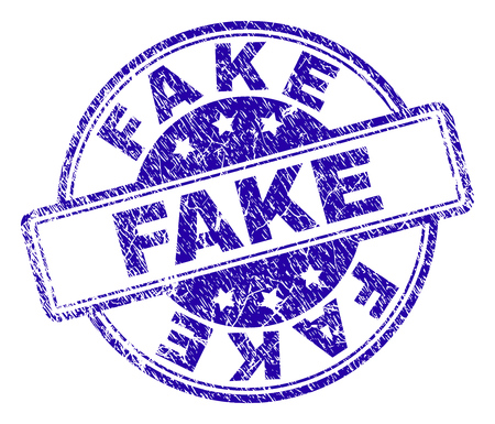 FAKE stamp seal imprint with distress texture. Designed with rounded rectangles and circles. Blue vector rubber print of FAKE tag with corroded texture.のイラスト素材