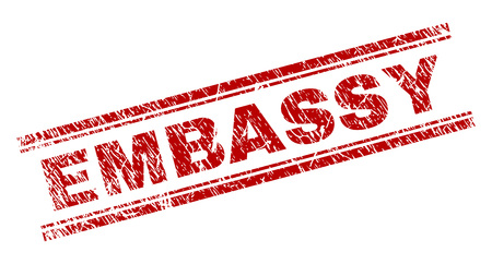 EMBASSY seal print with corroded style. Red vector rubber print of EMBASSY label with corroded texture. Text label is placed between double parallel lines.のイラスト素材