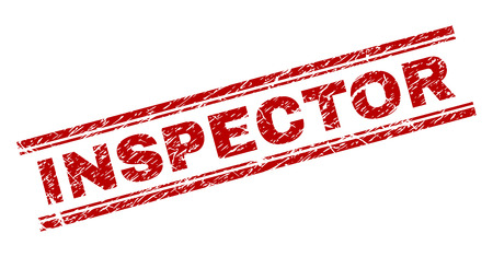 INSPECTOR seal imprint with grunge texture. Red vector rubber print of INSPECTOR title with grunge texture. Text title is placed between double parallel lines.のイラスト素材