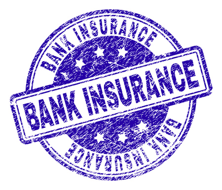 BANK INSURANCE stamp seal imprint with distress texture. Designed with rounded rectangles and circles. Blue vector rubber print of BANK INSURANCE label with retro texture.のイラスト素材