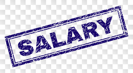 SALARY stamp seal imprint with rubber print style and double framed rectangle shape. Stamp is placed on a transparent background. Blue vector rubber print of SALARY title with grunge texture.のイラスト素材
