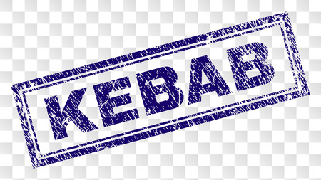 KEBAB stamp seal print with corroded style and double framed rectangle shape. Stamp is placed on a transparent background. Blue vector rubber print of KEBAB tag with corroded texture.のイラスト素材