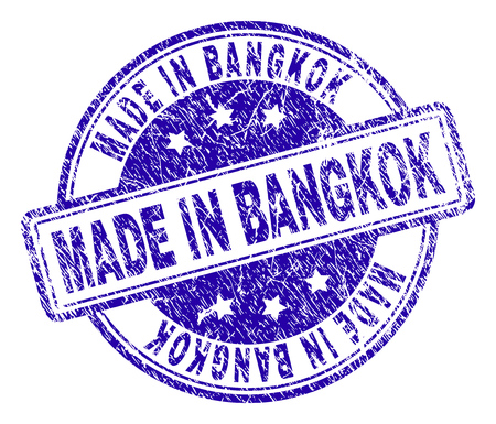 MADE IN BANGKOK stamp seal imprint with grunge texture. Designed with rounded rectangles and circles. Blue vector rubber print of MADE IN BANGKOK text with retro texture.のイラスト素材