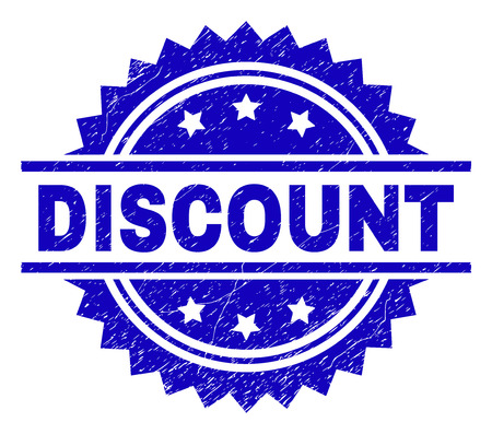 DISCOUNT stamp seal watermark with distress style. Blue vector rubber print of DISCOUNT caption with scratched texture.のイラスト素材