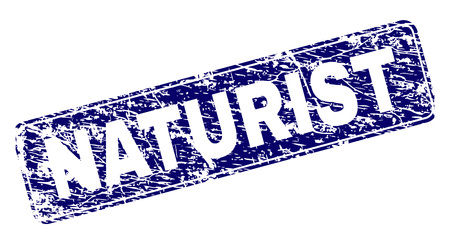 NATURIST stamp seal print with distress style. Seal shape is a rounded rectangle with frame. Blue vector rubber print of NATURIST text with unclean style.のイラスト素材