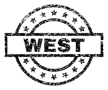 WEST stamp seal watermark with distress style. Designed with rectangle, circles and stars. Black vector rubber print of WEST label with retro texture.のイラスト素材