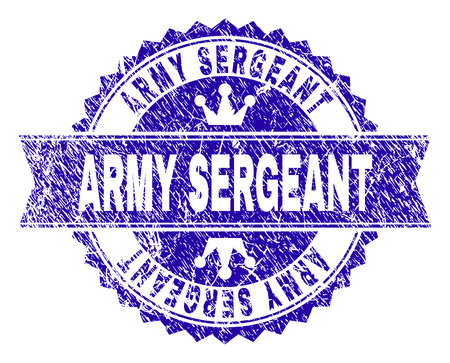 ARMY SERGEANT rosette seal watermark with distress texture. Designed with round rosette, ribbon and small crowns. Blue vector rubber print of ARMY SERGEANT label with dust texture.のイラスト素材