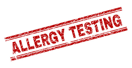 ALLERGY TESTING seal print with distress texture. Red vector rubber print of ALLERGY TESTING tag with retro texture. Text title is placed between double parallel lines.のイラスト素材