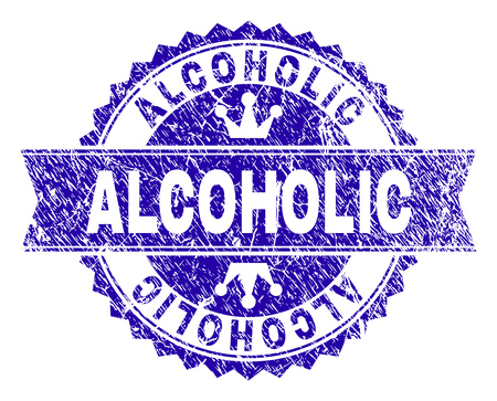 ALCOHOLIC rosette stamp seal overlay with distress texture. Designed with round rosette, ribbon and small crowns. Blue vector rubber watermark of ALCOHOLIC caption with dust texture.のイラスト素材