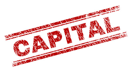 CAPITAL seal stamp with corroded texture. Red vector rubber print of CAPITAL text with corroded texture. Text caption is placed between double parallel lines.のイラスト素材