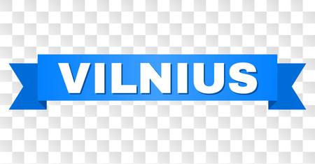VILNIUS text on a ribbon. Designed with white title and blue stripe. Vector banner with VILNIUS tag on a transparent background.のイラスト素材