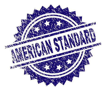AMERICAN STANDARD stamp seal watermark with distress style. Blue vector rubber print of AMERICAN STANDARD title with scratched texture.のイラスト素材