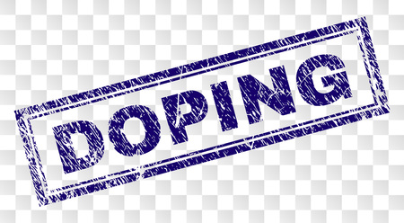 DOPING stamp seal print with rubber print style and double framed rectangle shape. Stamp is placed on a transparent background. Blue vector rubber print of DOPING tag with dust texture.のイラスト素材