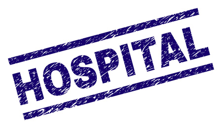 HOSPITAL seal print with distress style. Blue vector rubber print of HOSPITAL text with grunge texture. Text title is placed between parallel lines.のイラスト素材