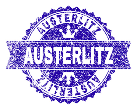 AUSTERLITZ rosette stamp watermark with distress effect. Designed with round rosette, ribbon and small crowns. Blue vector rubber watermark of AUSTERLITZ label with scratched texture.のイラスト素材
